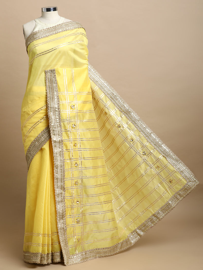 Sringara x Tyohaar | Sunny Yellow Chandheri Heritage Line Gota Work Saree With Designer Embroidered Lace-Binks