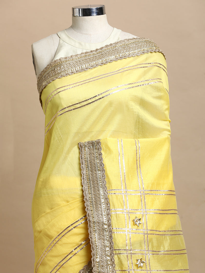 Sringara x Tyohaar | Sunny Yellow Chandheri Heritage Line Gota Work Saree With Designer Embroidered Lace-Binks