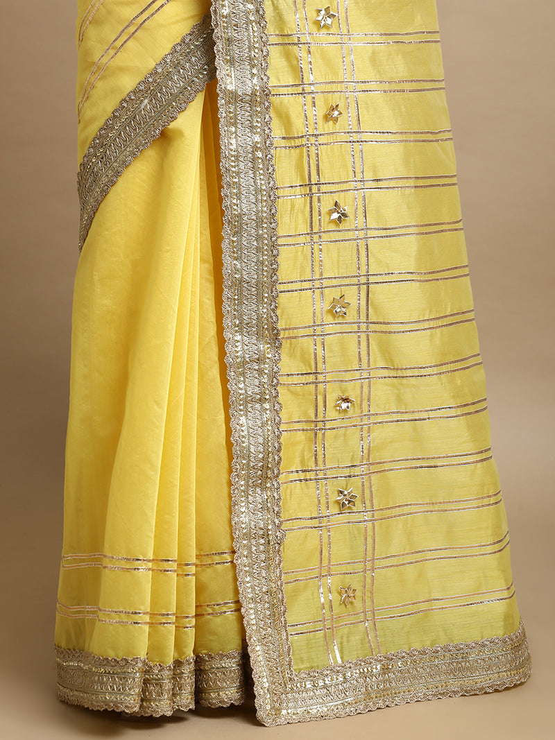 Sringara x Tyohaar | Sunny Yellow Chandheri Heritage Line Gota Work Saree With Designer Embroidered Lace-Binks