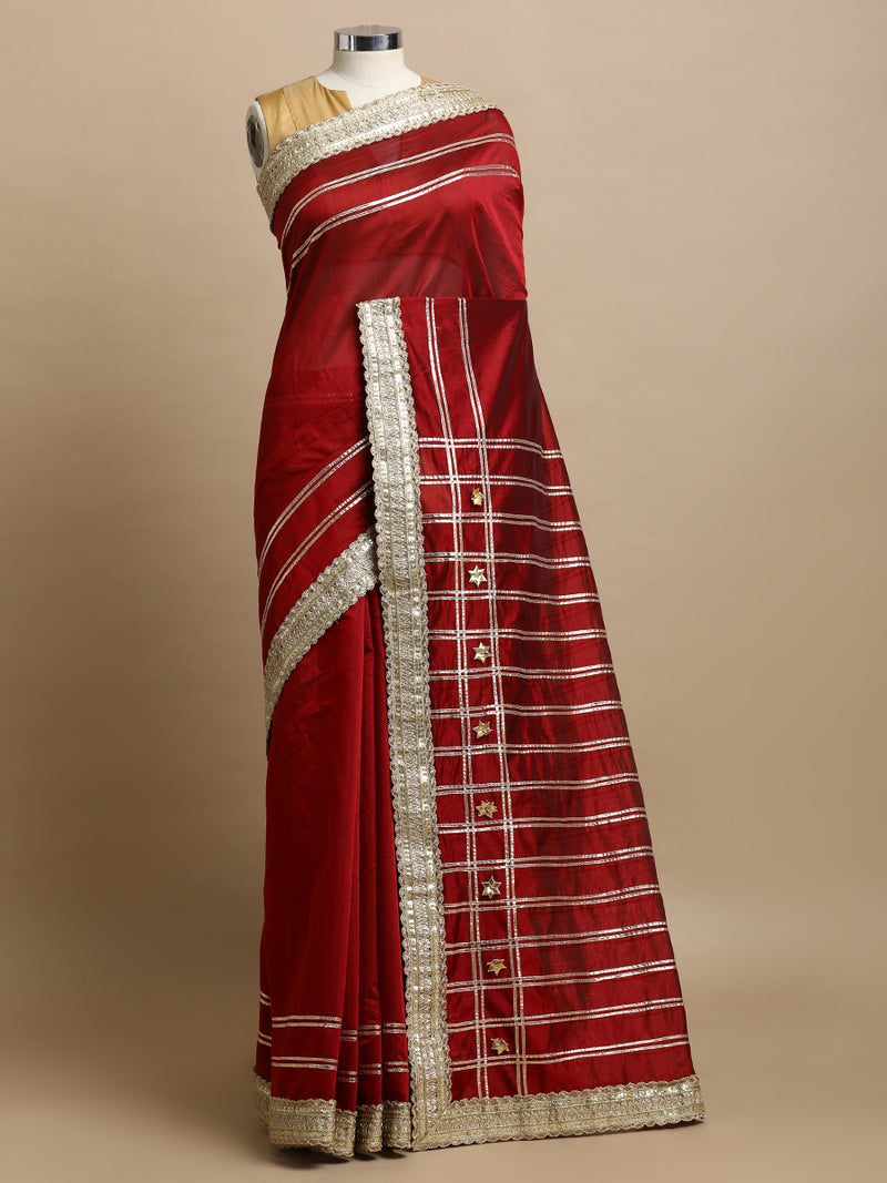 Sringara x Tyohaar | Velvet Red Chandheri Heritage Line Gota Work Saree With Designer Embroidered Lace-Binks