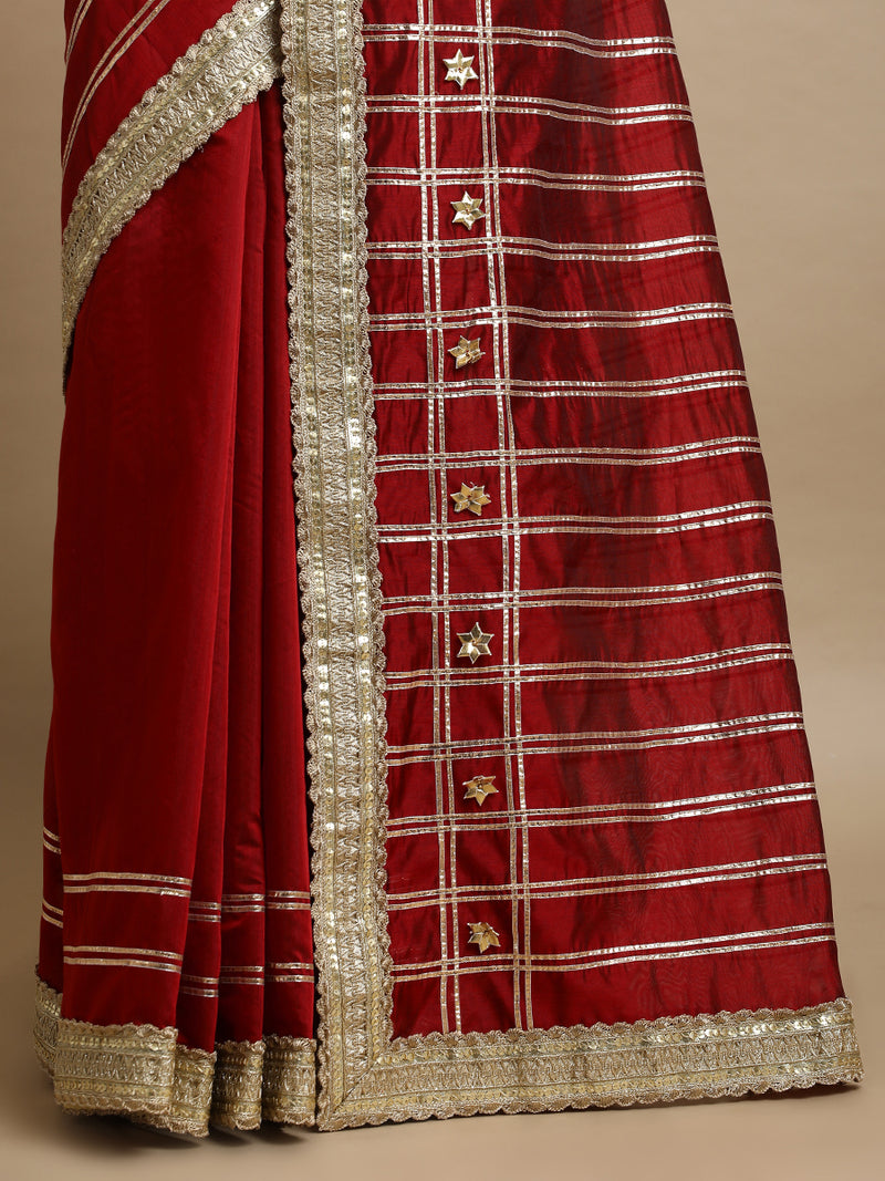 Sringara x Tyohaar | Velvet Red Chandheri Heritage Line Gota Work Saree With Designer Embroidered Lace-Binks