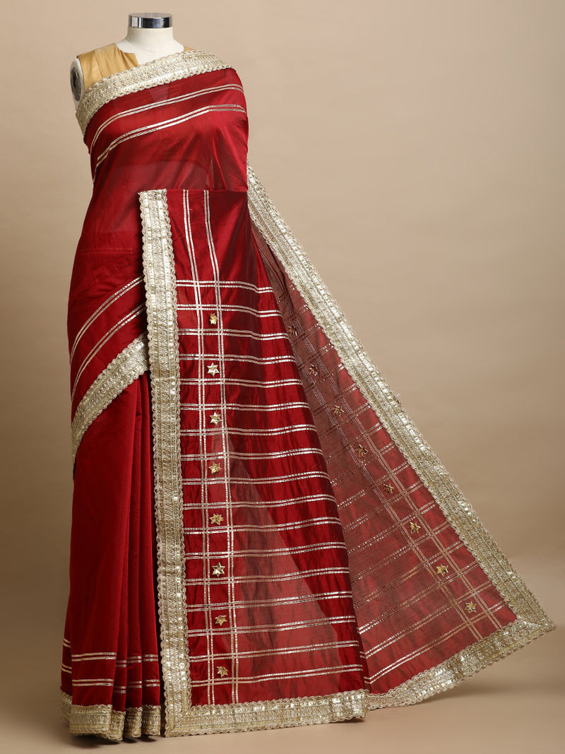 Sringara x Tyohaar | Velvet Red Chandheri Heritage Line Gota Work Saree With Designer Embroidered Lace-Binks