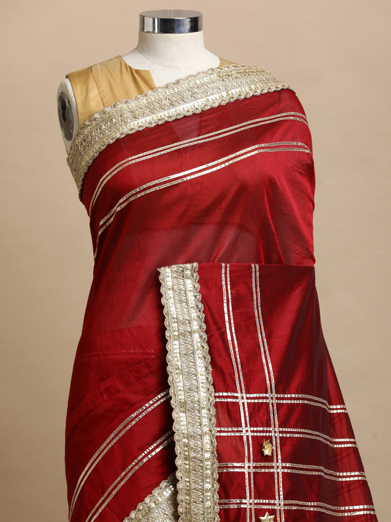Sringara x Tyohaar | Velvet Red Chandheri Heritage Line Gota Work Saree With Designer Embroidered Lace-Binks
