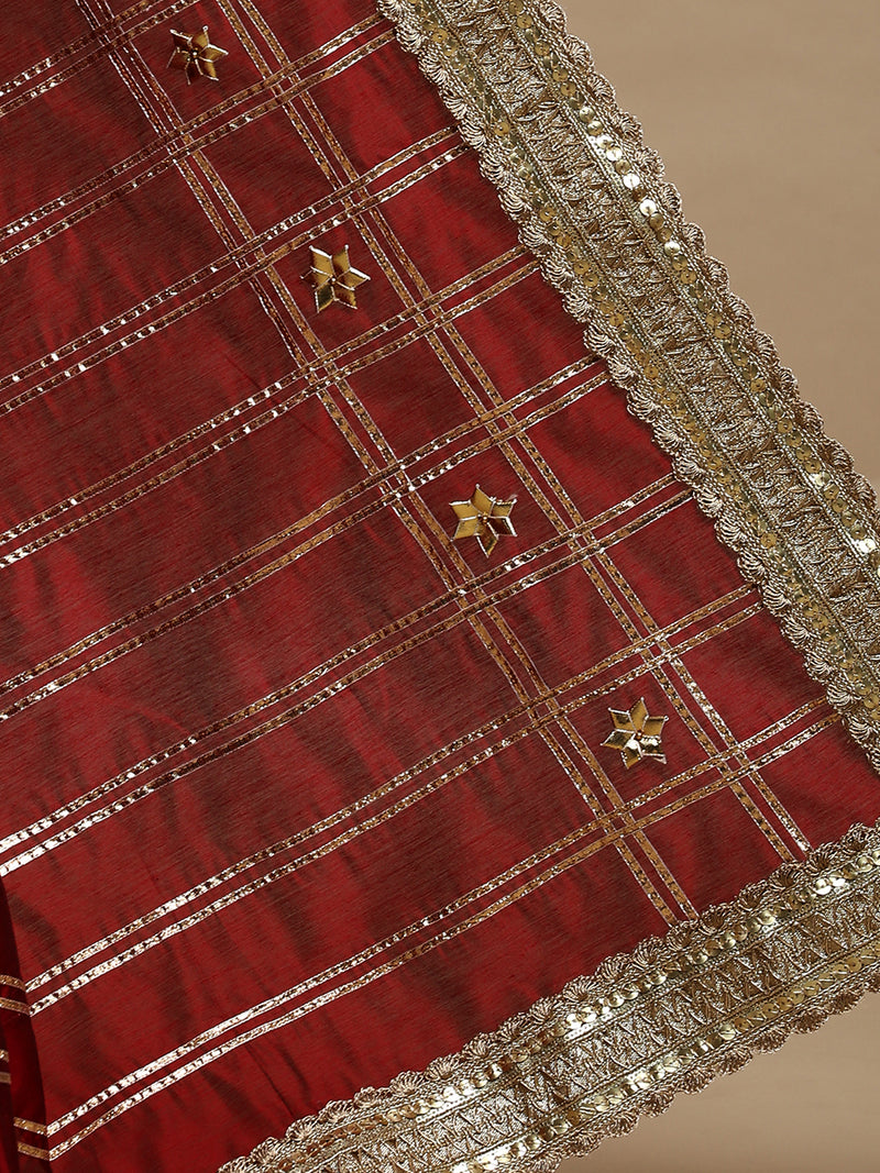 Sringara x Tyohaar | Velvet Red Chandheri Heritage Line Gota Work Saree With Designer Embroidered Lace-Binks