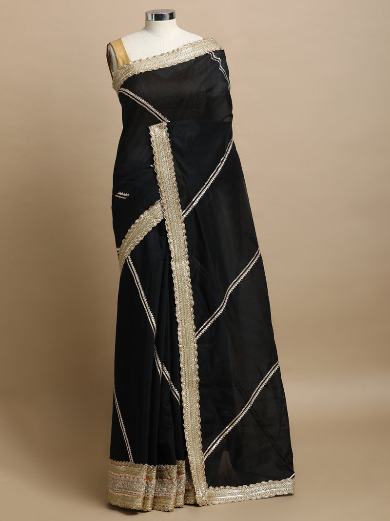 Suhasini x Tyohaar | Black Chandheri Heritage Gota Work Saree With Designer Embroidered Lace Work-Binks