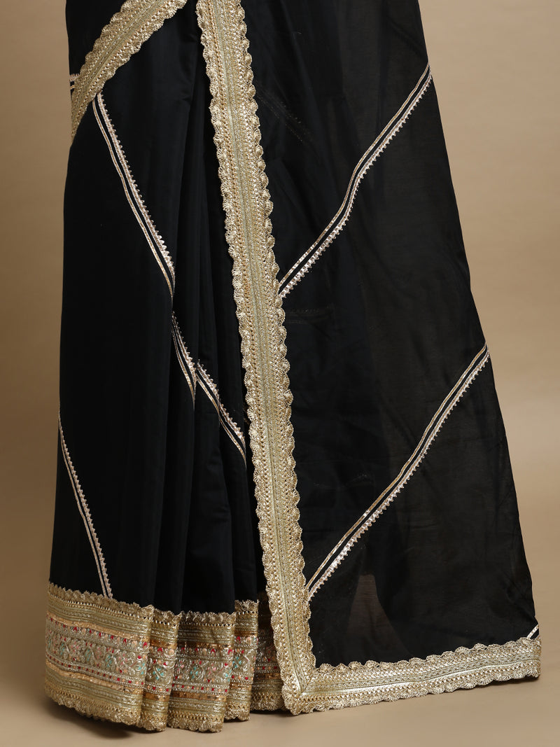 Suhasini x Tyohaar | Black Chandheri Heritage Gota Work Saree With Designer Embroidered Lace Work-Binks