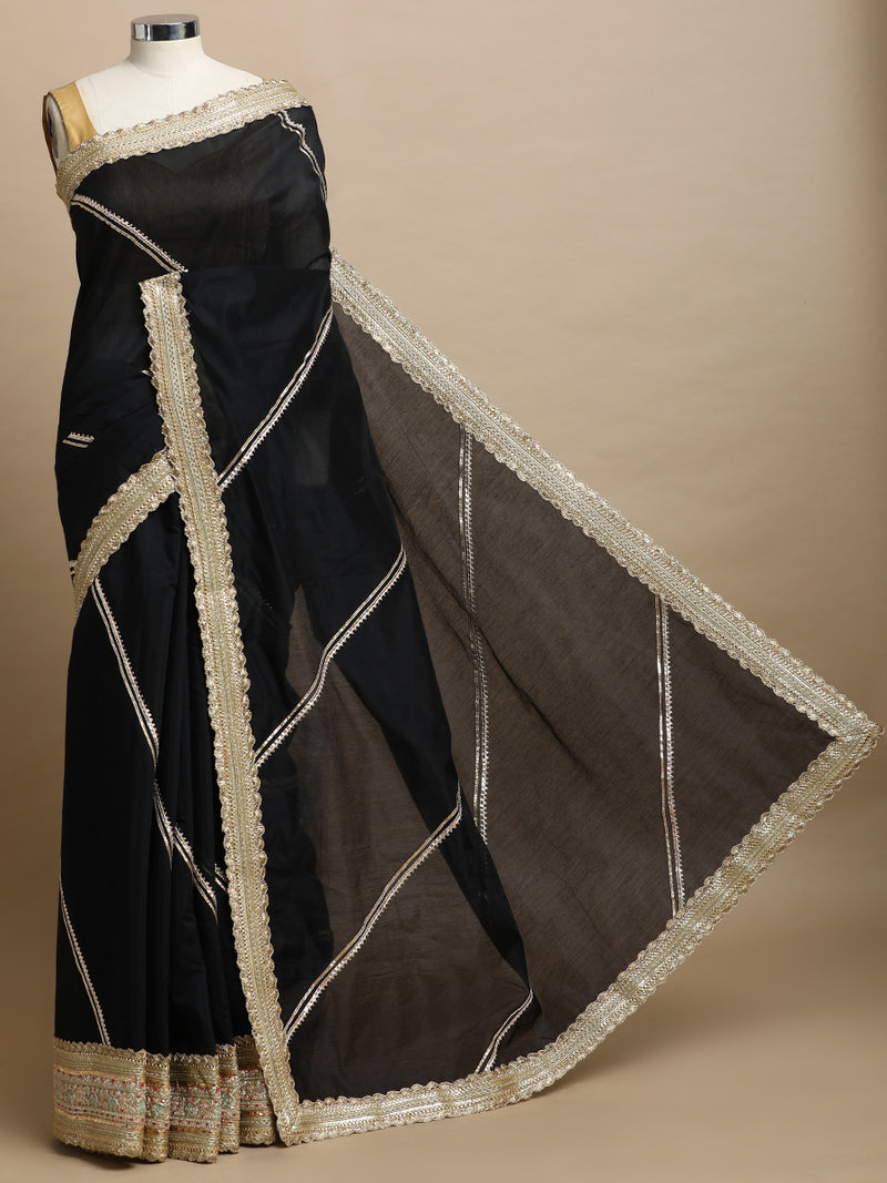 Suhasini x Tyohaar | Black Chandheri Heritage Gota Work Saree With Designer Embroidered Lace Work-Binks