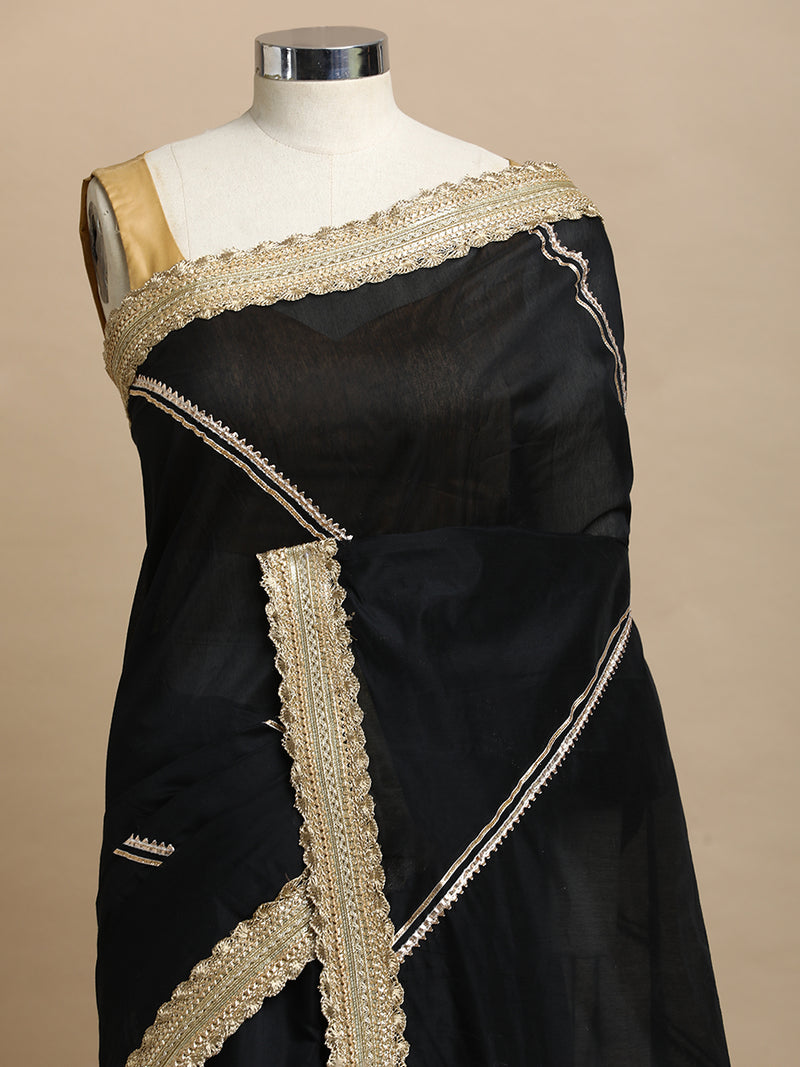Suhasini x Tyohaar | Black Chandheri Heritage Gota Work Saree With Designer Embroidered Lace Work-Binks