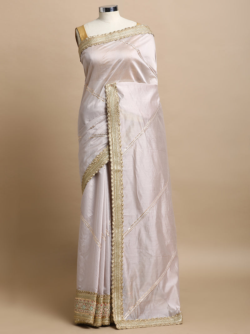 Suhasini x Tyohaar | Oyster Grey Chandheri Heritage Gota Work Saree With Designer Embroidered Lace Work-Binks
