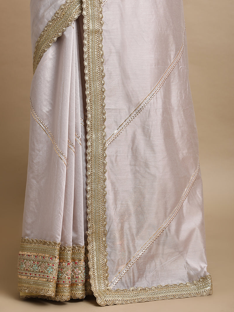 Suhasini x Tyohaar | Oyster Grey Chandheri Heritage Gota Work Saree With Designer Embroidered Lace Work-Binks