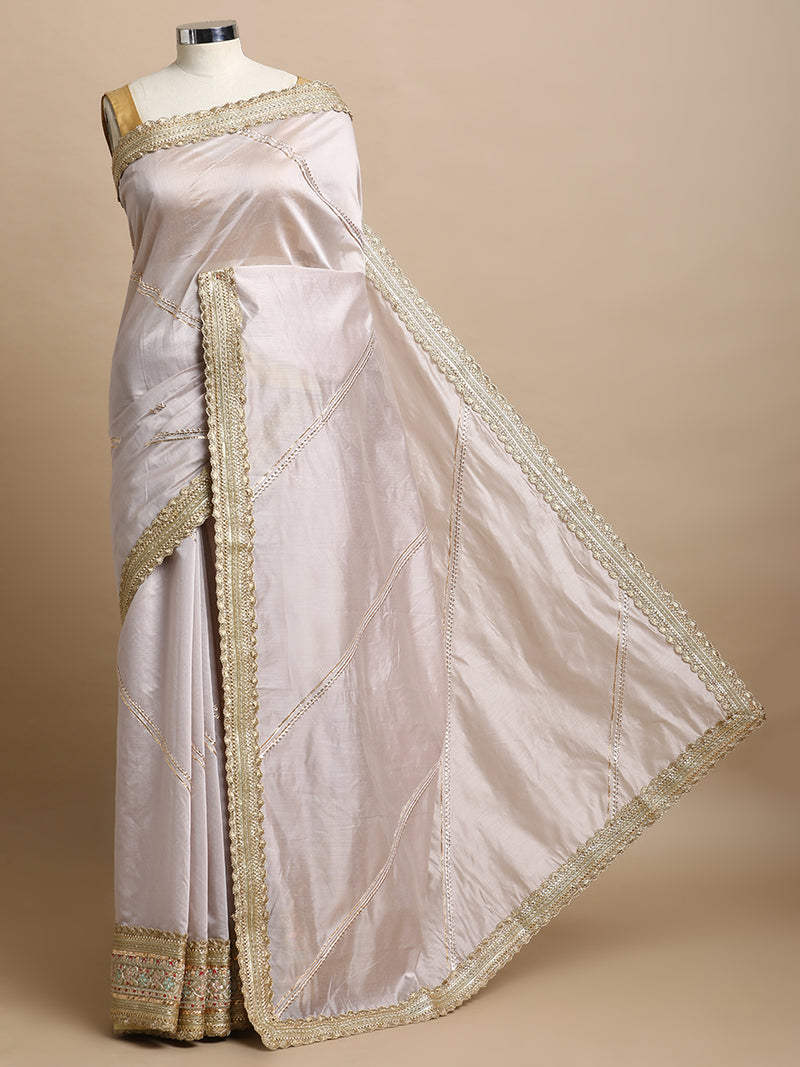 Suhasini x Tyohaar | Oyster Grey Chandheri Heritage Gota Work Saree With Designer Embroidered Lace Work-Binks