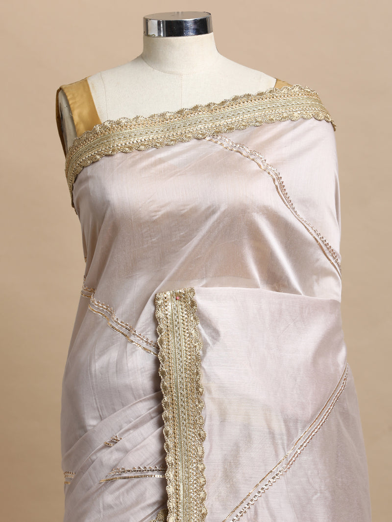 Suhasini x Tyohaar | Oyster Grey Chandheri Heritage Gota Work Saree With Designer Embroidered Lace Work-Binks