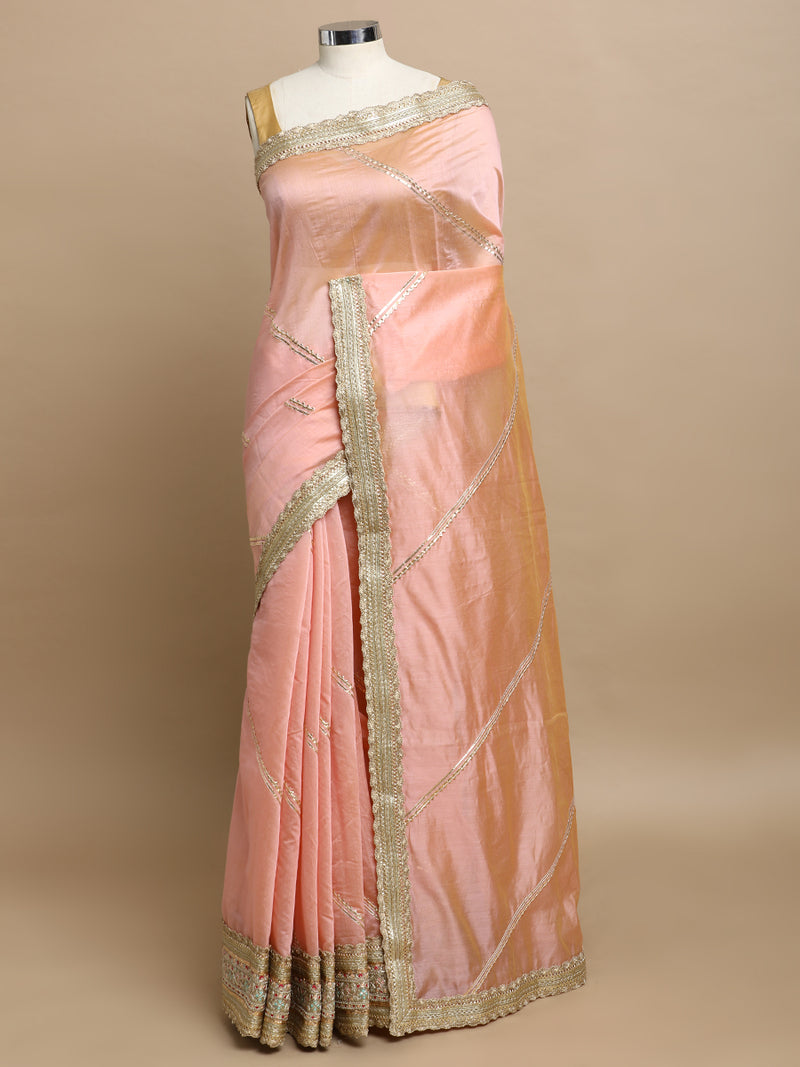 Suhasini x Tyohaar | Peach Chandheri Heritage Gota Work Saree With Designer Embroidered Lace Work-Binks