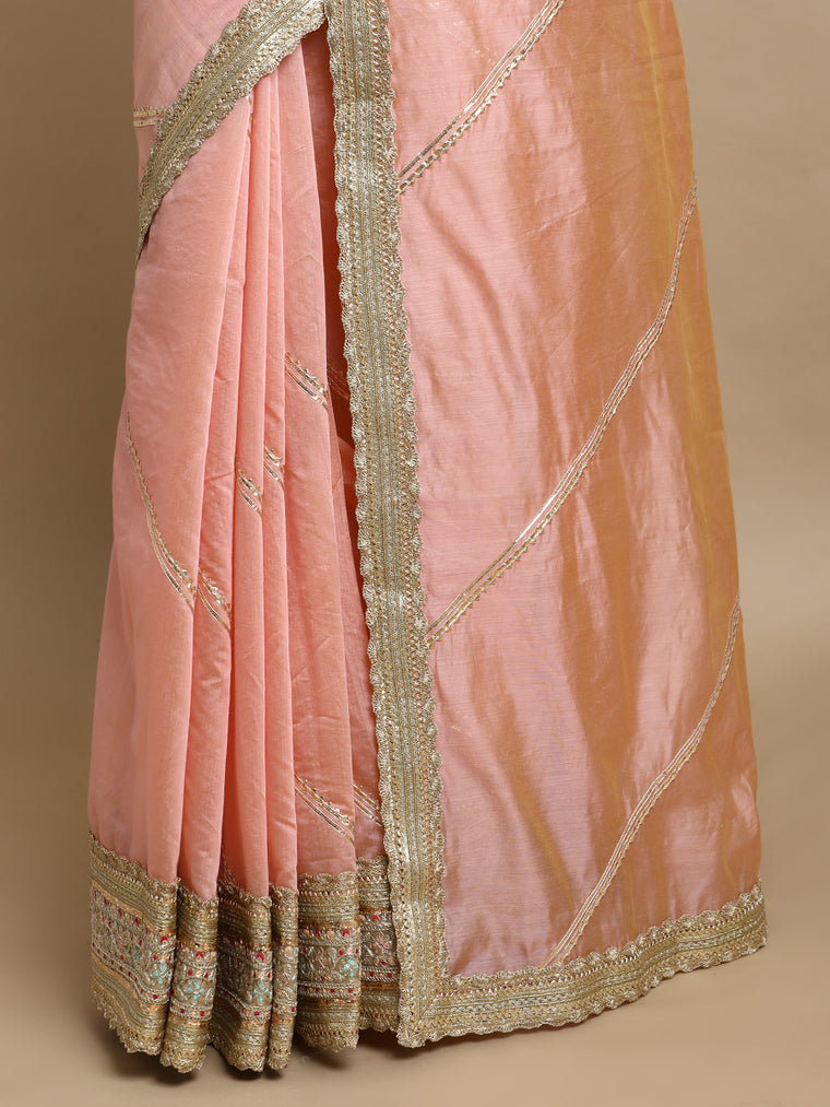 Suhasini x Tyohaar Saree, in Peach Chandheri, made for party & festive (view 2).