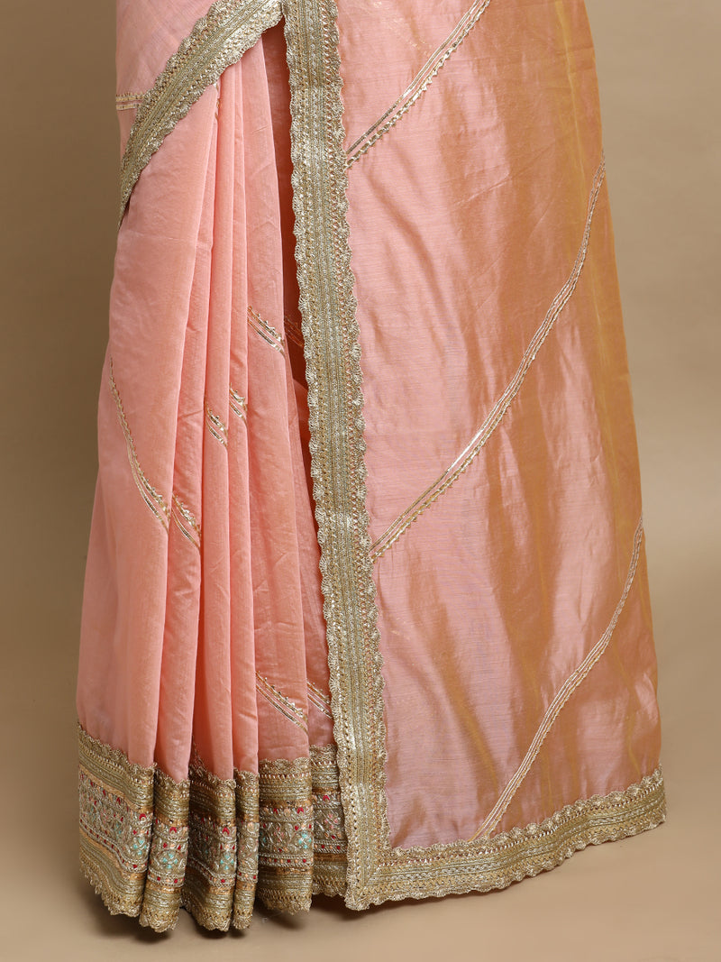 Suhasini x Tyohaar | Peach Chandheri Heritage Gota Work Saree With Designer Embroidered Lace Work-Binks