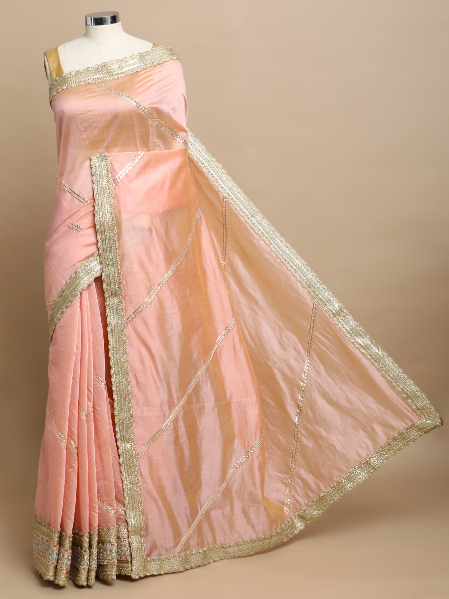 Suhasini x Tyohaar Saree, in Peach Chandheri, made for party & festive (view 3).