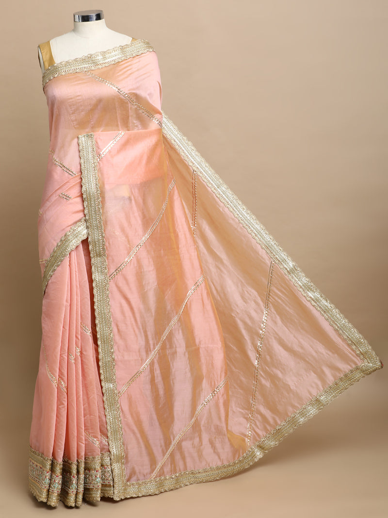 Suhasini x Tyohaar | Peach Chandheri Heritage Gota Work Saree With Designer Embroidered Lace Work-Binks