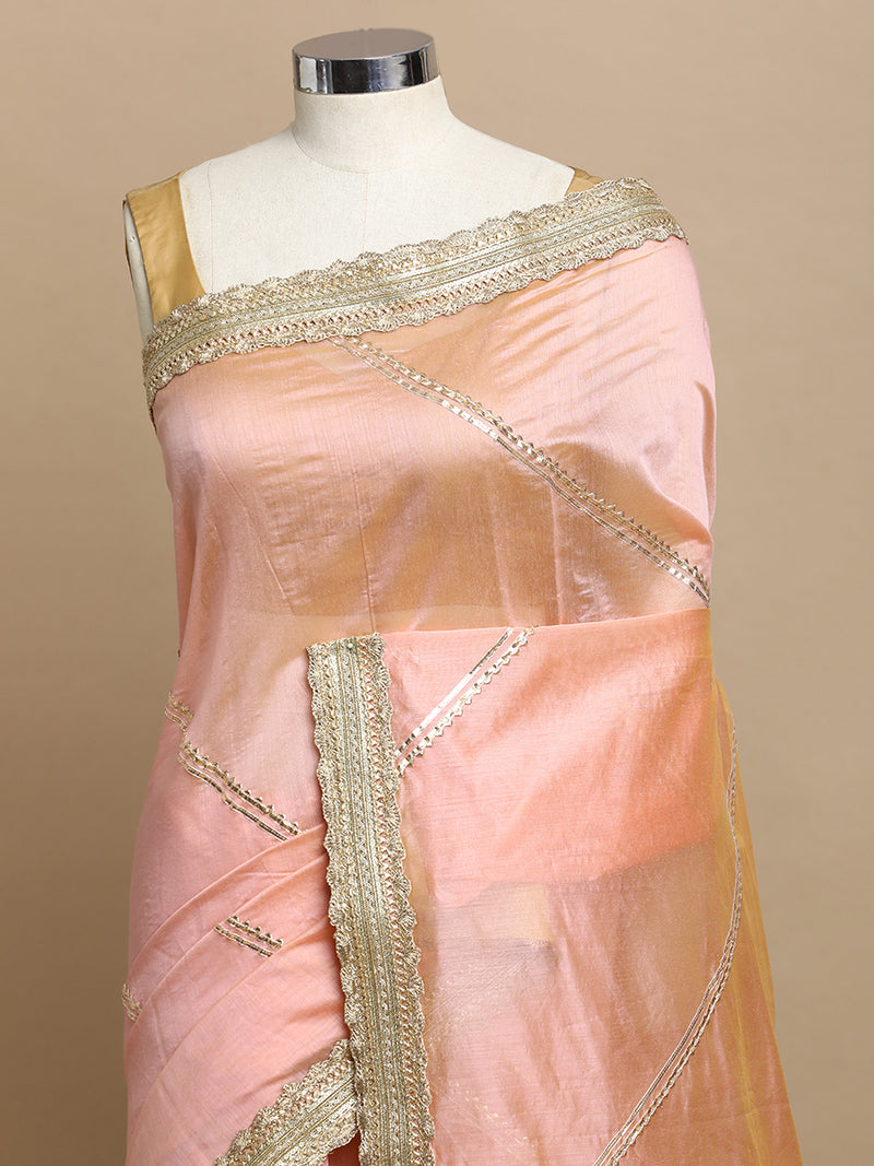 Suhasini x Tyohaar | Peach Chandheri Heritage Gota Work Saree With Designer Embroidered Lace Work-Binks