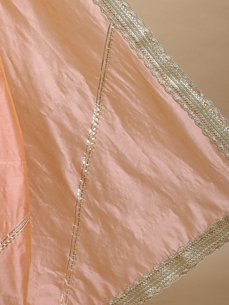Suhasini x Tyohaar | Peach Chandheri Heritage Gota Work Saree With Designer Embroidered Lace Work-Binks