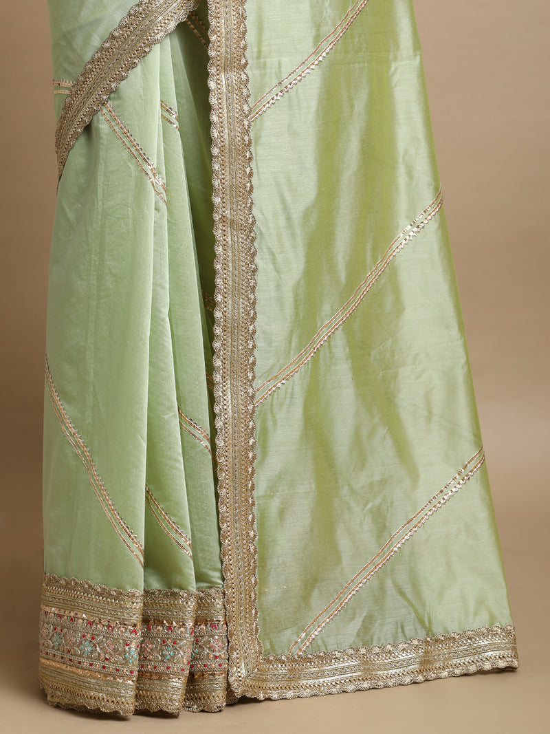 Suhasini x Tyohaar | Pista Green Chandheri Heritage Gota Work Saree With Designer Embroidered Lace Work-Binks