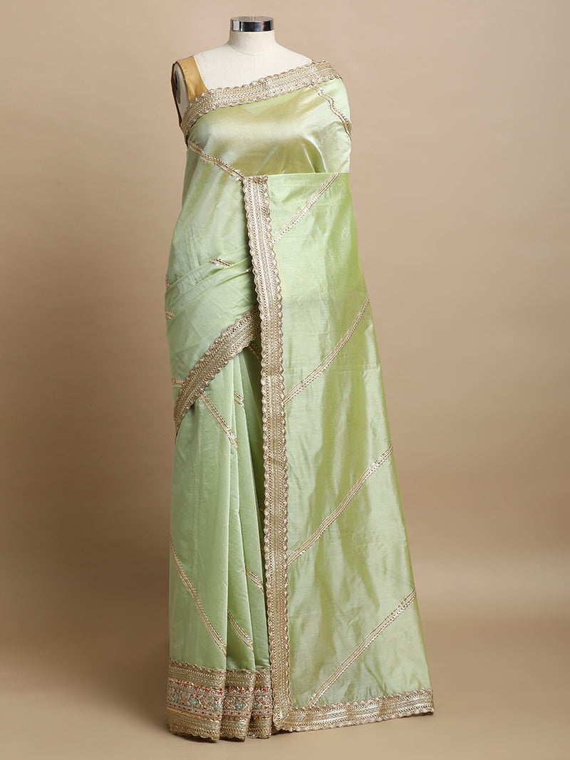 Suhasini x Tyohaar | Pista Green Chandheri Heritage Gota Work Saree With Designer Embroidered Lace Work-Binks