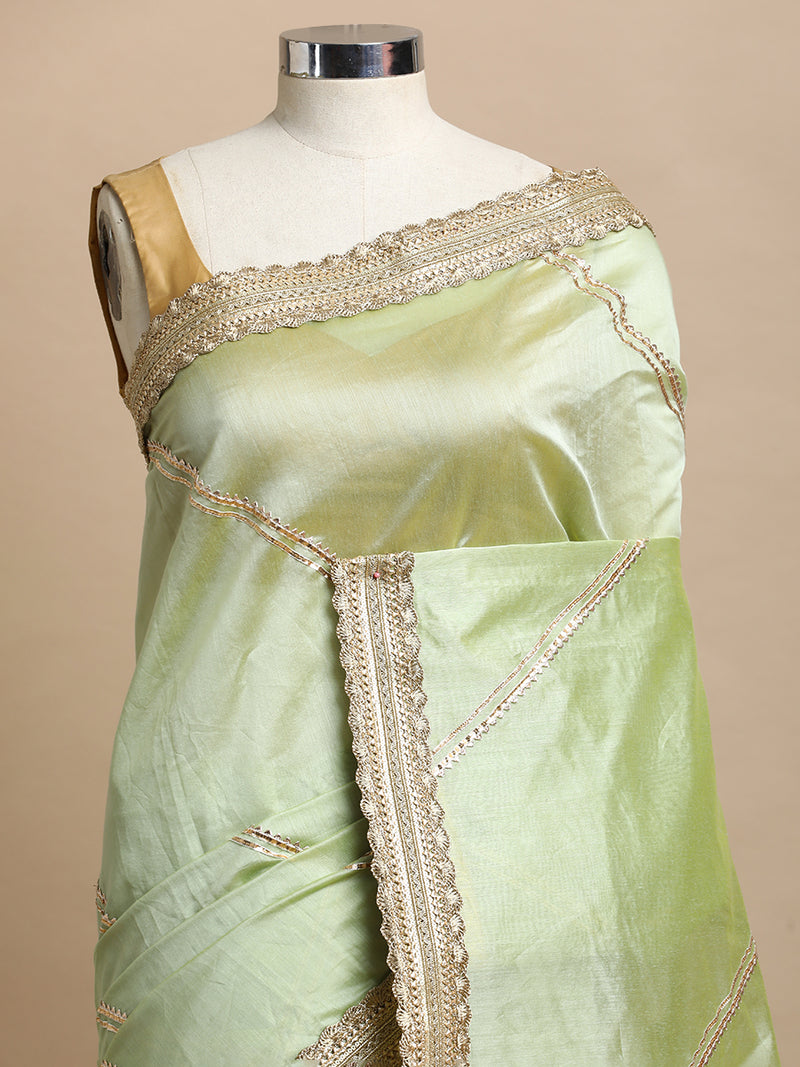 Suhasini x Tyohaar | Pista Green Chandheri Heritage Gota Work Saree With Designer Embroidered Lace Work-Binks