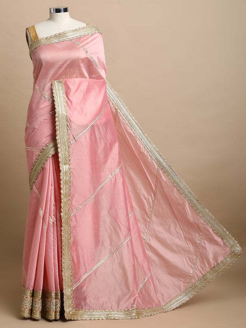 Suhasini x Tyohaar | Sea Pink Chandheri Heritage Gota Work Saree With Designer Embroidered Lace Work-Binks
