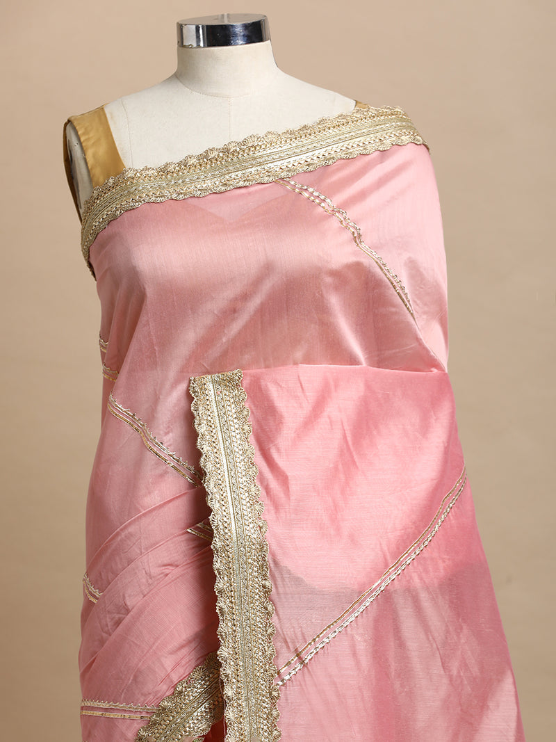 Suhasini x Tyohaar | Sea Pink Chandheri Heritage Gota Work Saree With Designer Embroidered Lace Work-Binks