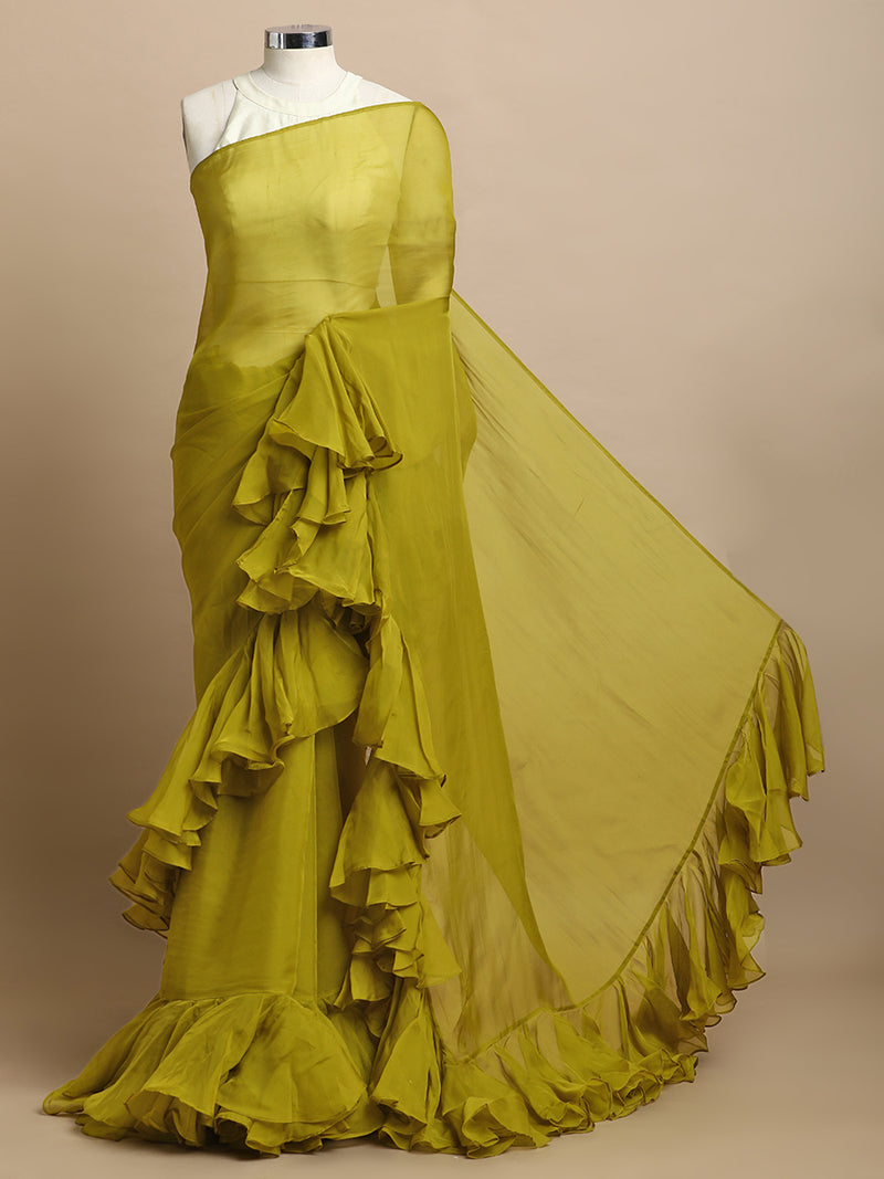 Tamira x Tyohaar | Amber Olive Viscose Organza Designer Flounce Saree-Binks