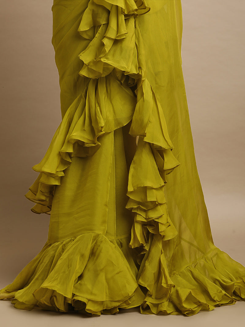 Tamira x Tyohaar | Amber Olive Viscose Organza Designer Flounce Saree-Binks