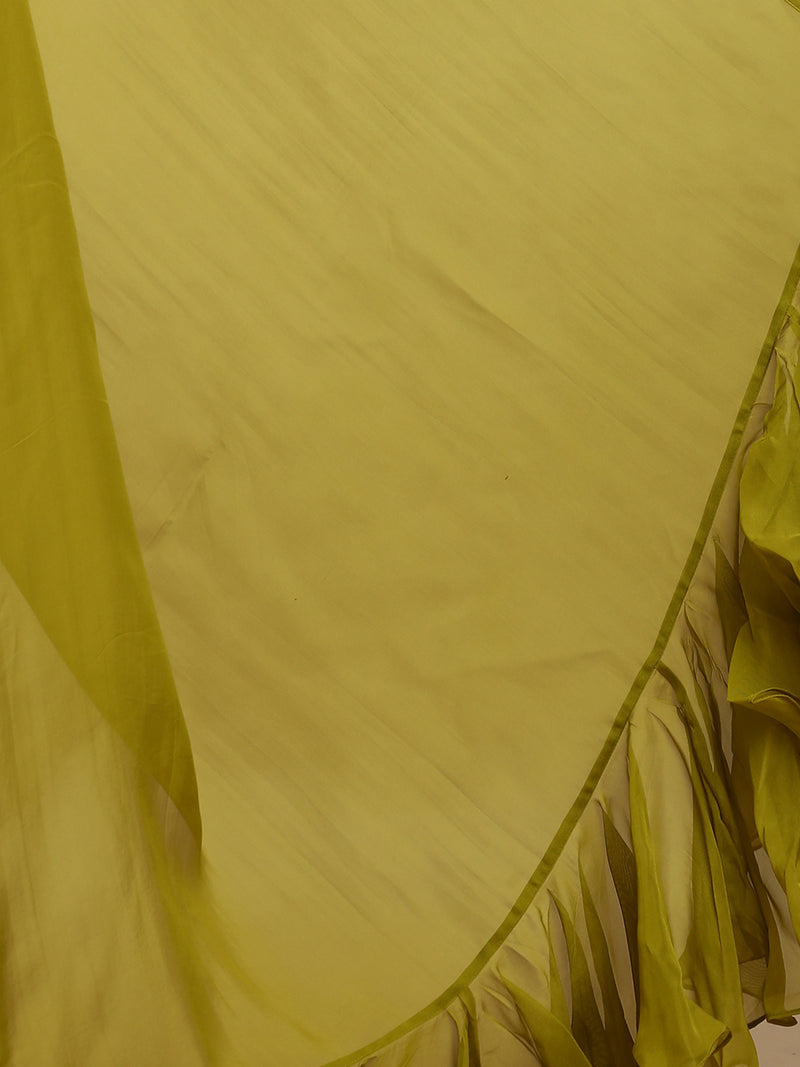 Tamira x Tyohaar | Amber Olive Viscose Organza Designer Flounce Saree-Binks