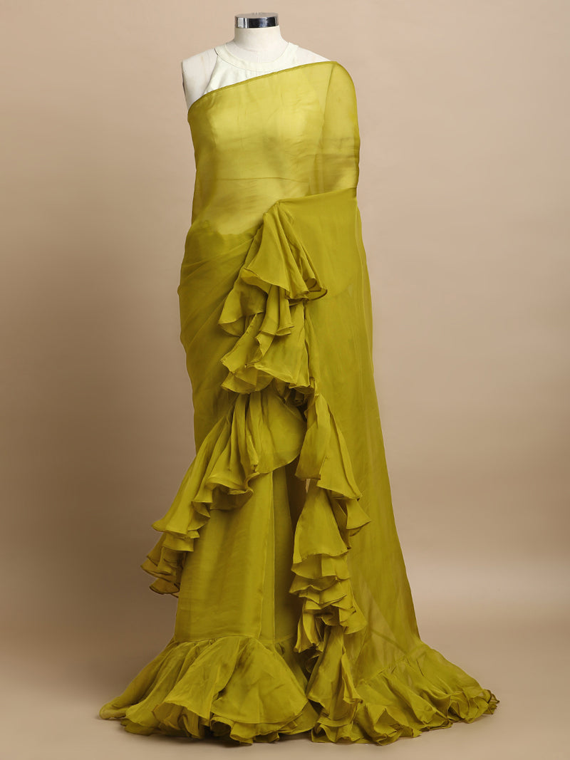 Tamira x Tyohaar | Amber Olive Viscose Organza Designer Flounce Saree-Binks