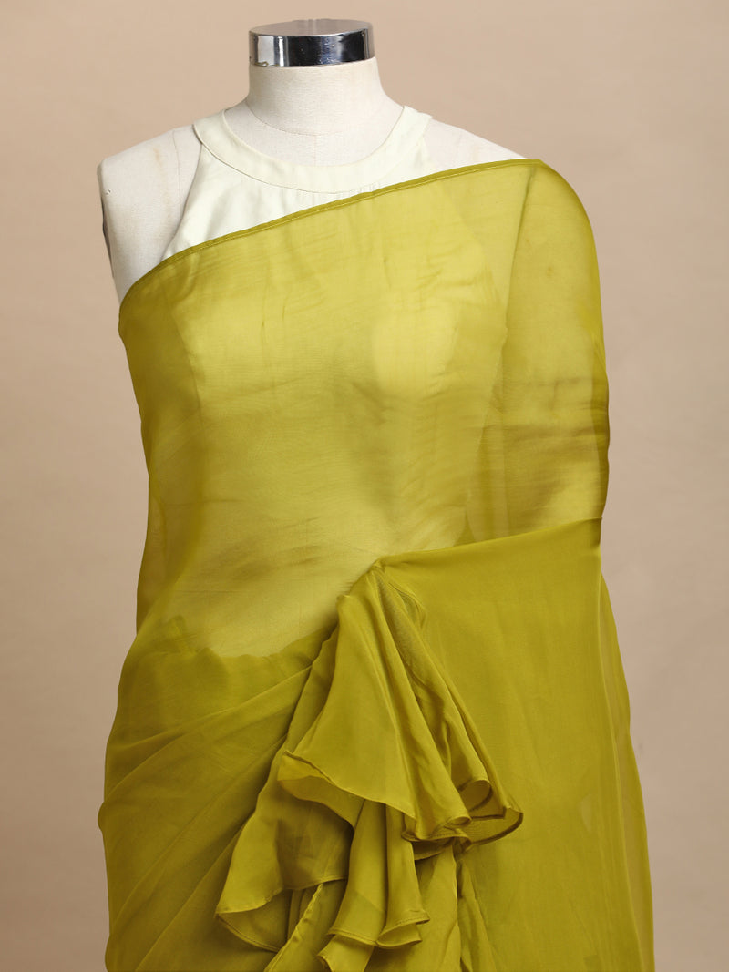 Tamira x Tyohaar | Amber Olive Viscose Organza Designer Flounce Saree-Binks