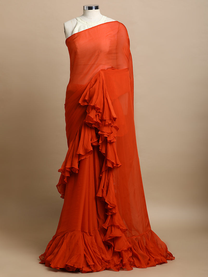 Tamira x Tyohaar | Candy Orange Viscose Organza Designer Flounce Saree-Binks