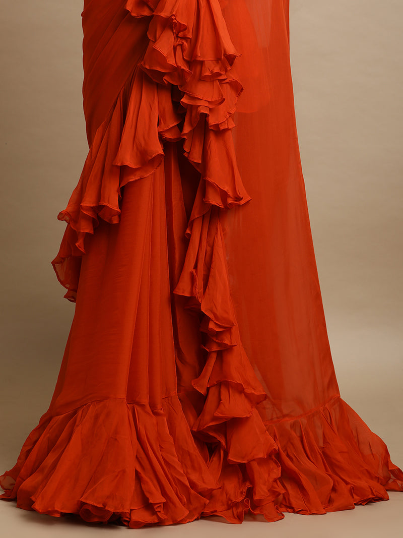 Tamira x Tyohaar | Candy Orange Viscose Organza Designer Flounce Saree-Binks
