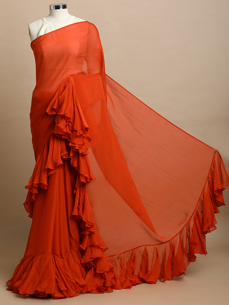 Tamira x Tyohaar | Candy Orange Viscose Organza Designer Flounce Saree-Binks