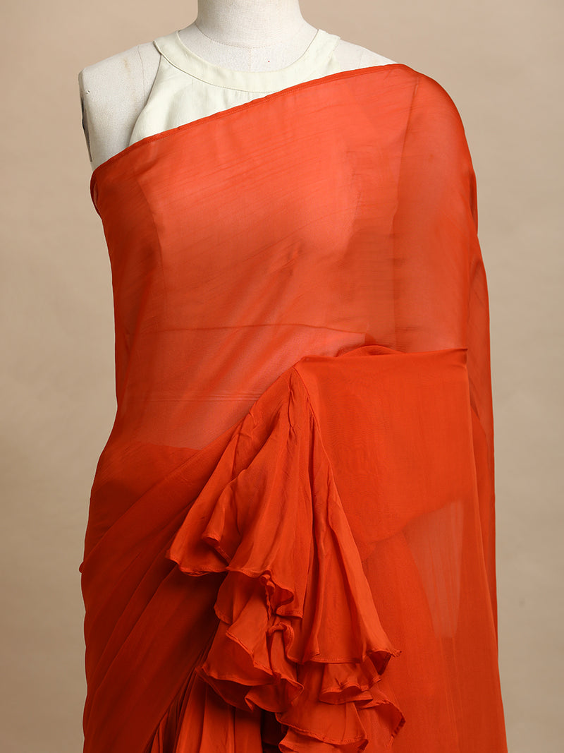 Tamira x Tyohaar | Candy Orange Viscose Organza Designer Flounce Saree-Binks