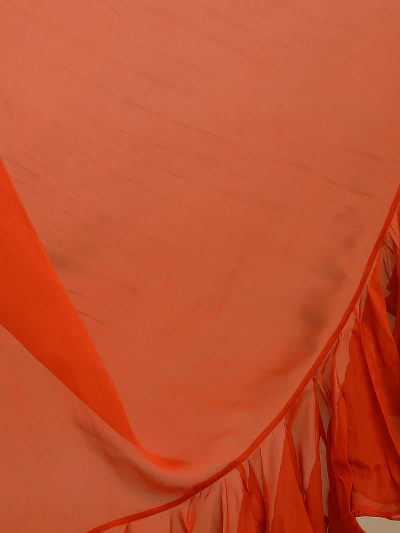 Tamira x Tyohaar | Candy Orange Viscose Organza Designer Flounce Saree-Binks
