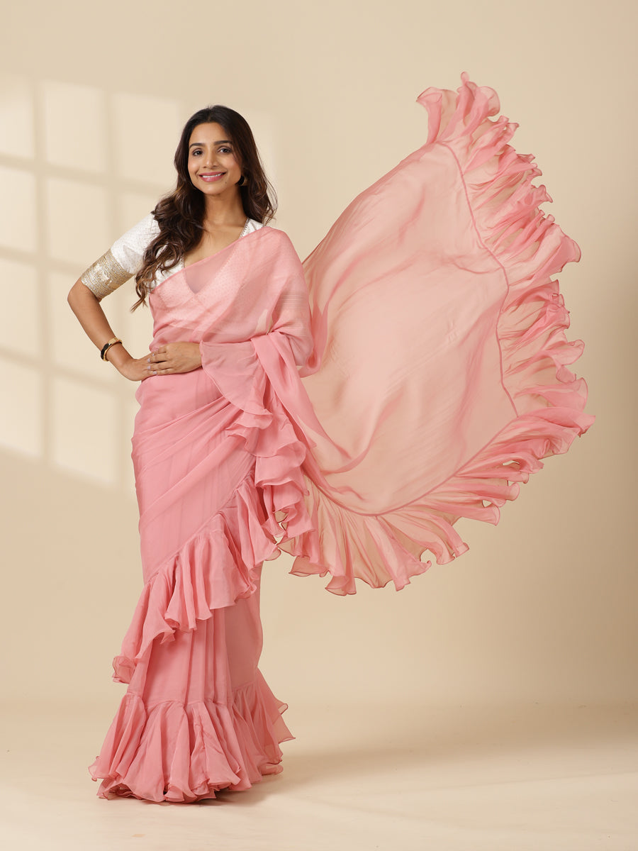 Tamira x Tyohaar Saree, in Pink Viscose Organza, made for party & festive.