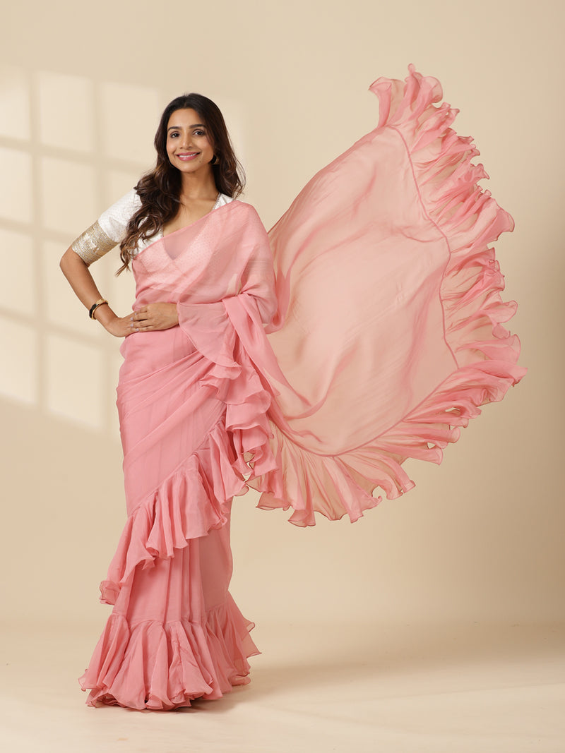 Tamira x Tyohaar | Cloudy Pink Peach Viscose Organza Designer Flounce Saree-Binks