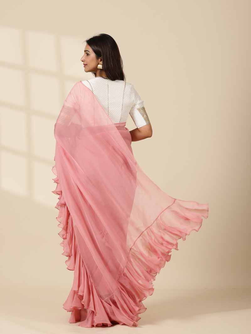Tamira x Tyohaar | Cloudy Pink Peach Viscose Organza Designer Flounce Saree-Binks