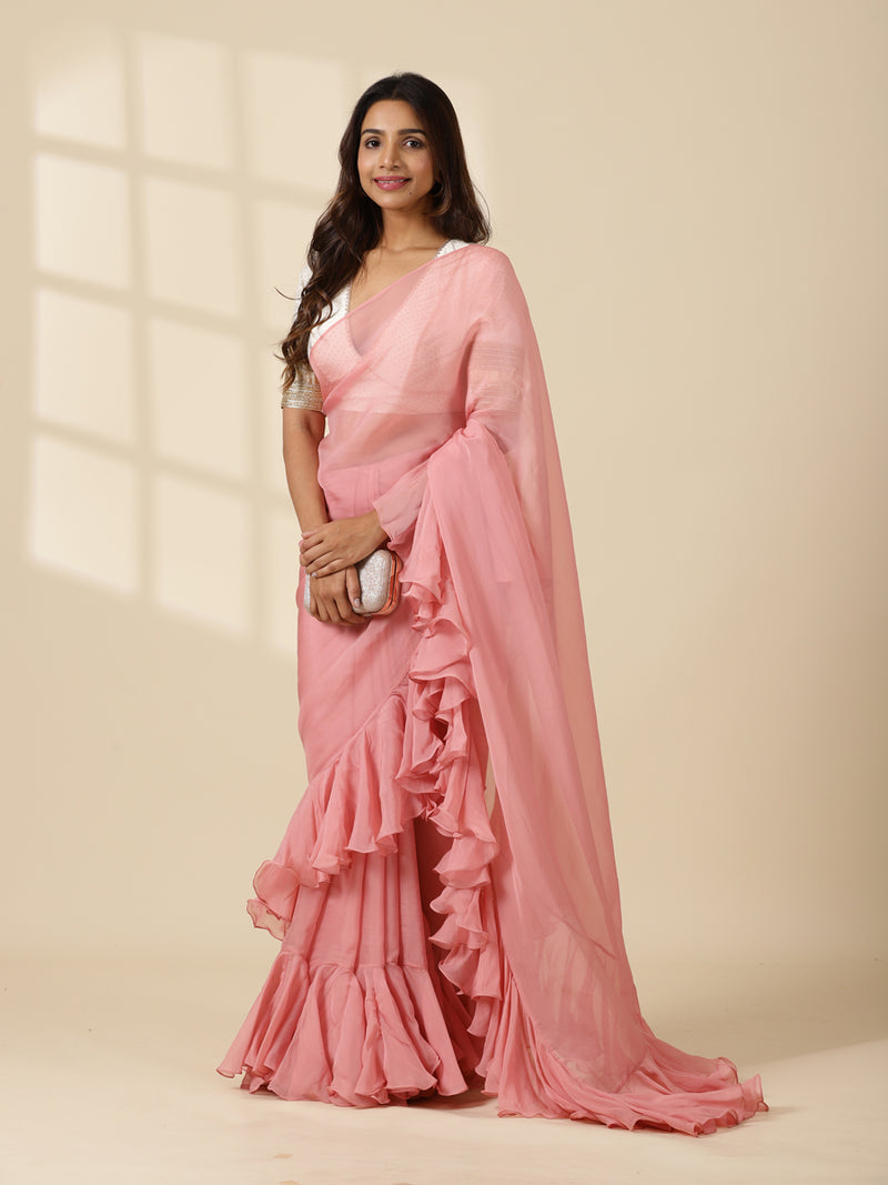 Tamira x Tyohaar | Cloudy Pink Peach Viscose Organza Designer Flounce Saree-Binks