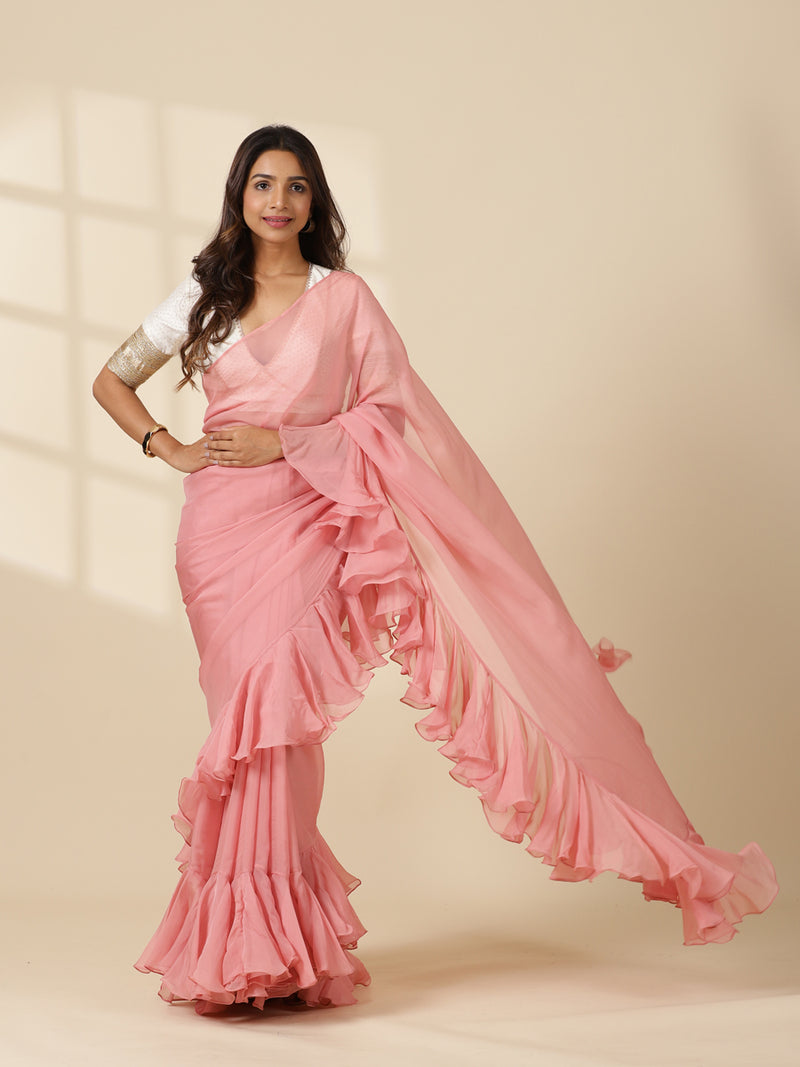 Tamira x Tyohaar | Cloudy Pink Peach Viscose Organza Designer Flounce Saree-Binks
