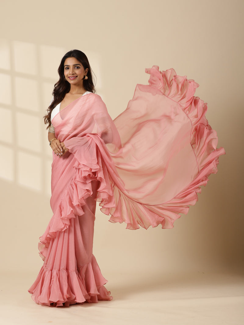 Tamira x Tyohaar | Cloudy Pink Peach Viscose Organza Designer Flounce Saree-Binks