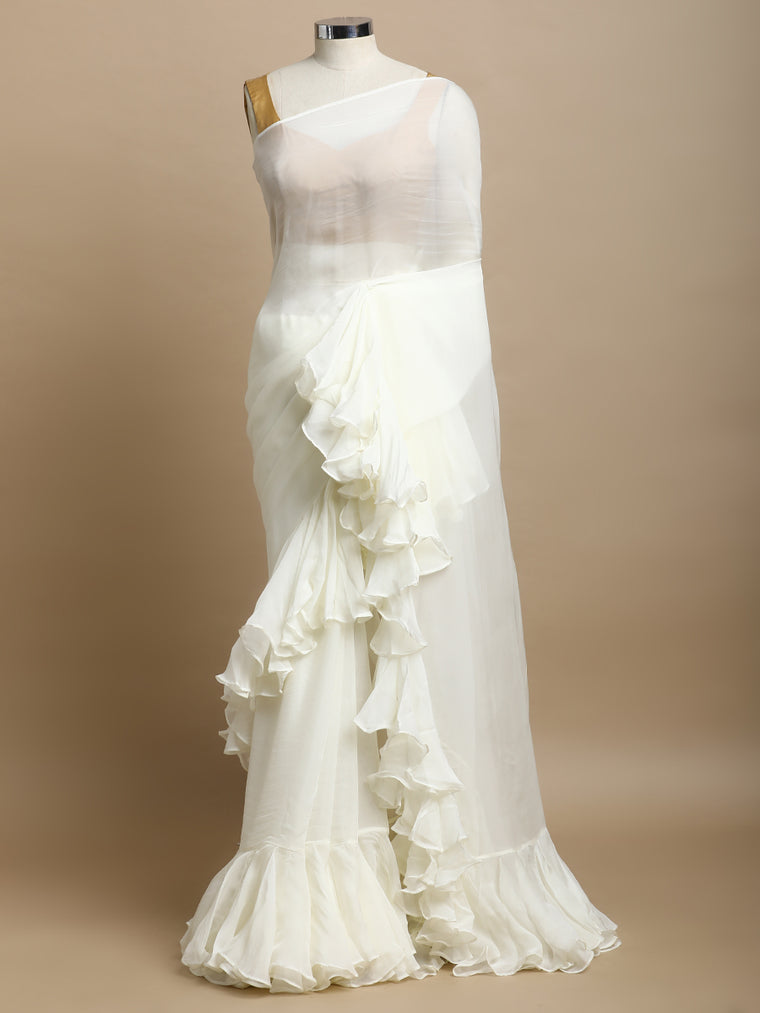 Tamira x Tyohaar Saree, in White Viscose Organza, made for party & festive.