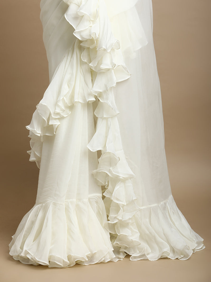 Tamira x Tyohaar | Frost White Viscose Organza Designer Flounce Saree-Binks