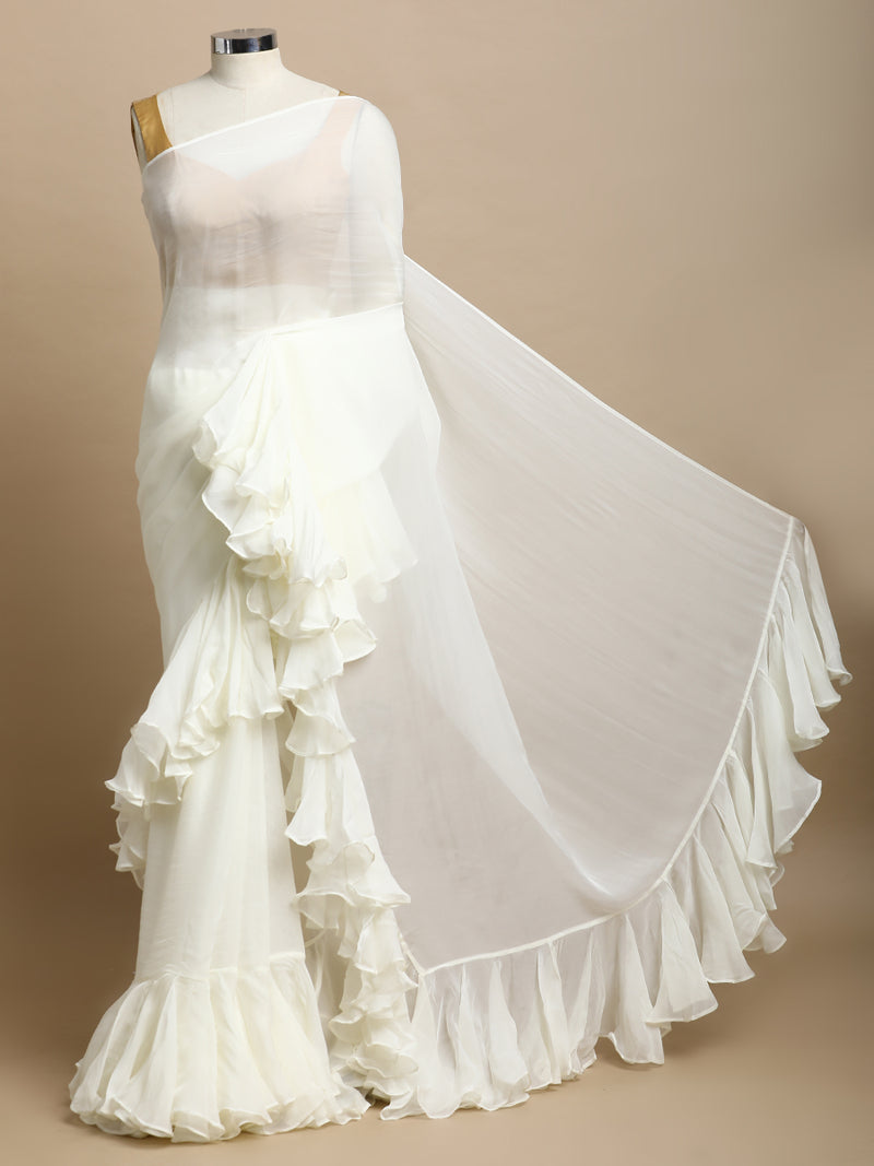 Tamira x Tyohaar | Frost White Viscose Organza Designer Flounce Saree-Binks