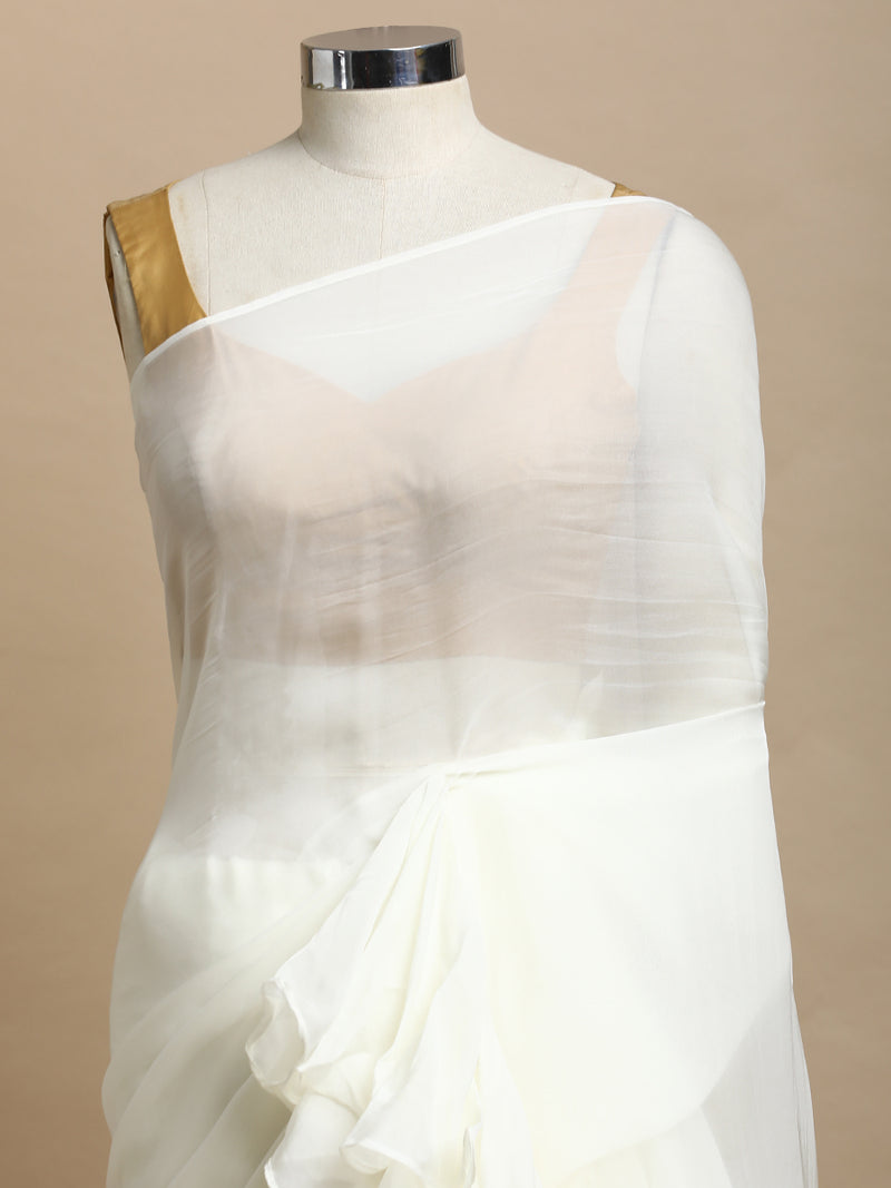 Tamira x Tyohaar | Frost White Viscose Organza Designer Flounce Saree-Binks