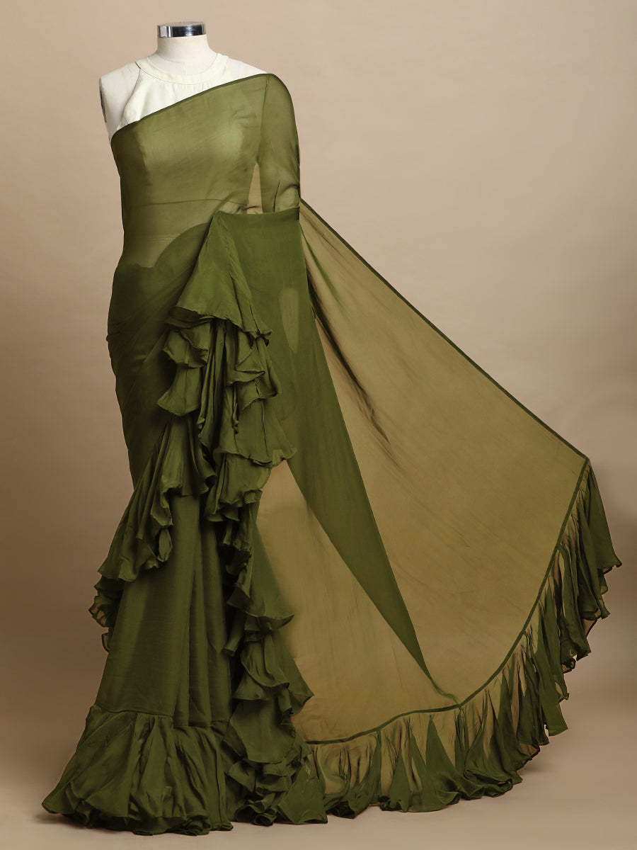 Tamira x Tyohaar | Harvest Green Viscose Organza Designer Flounce Saree