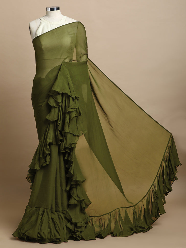Tamira x Tyohaar Saree, in Green Viscose Organza, made for party & festive.